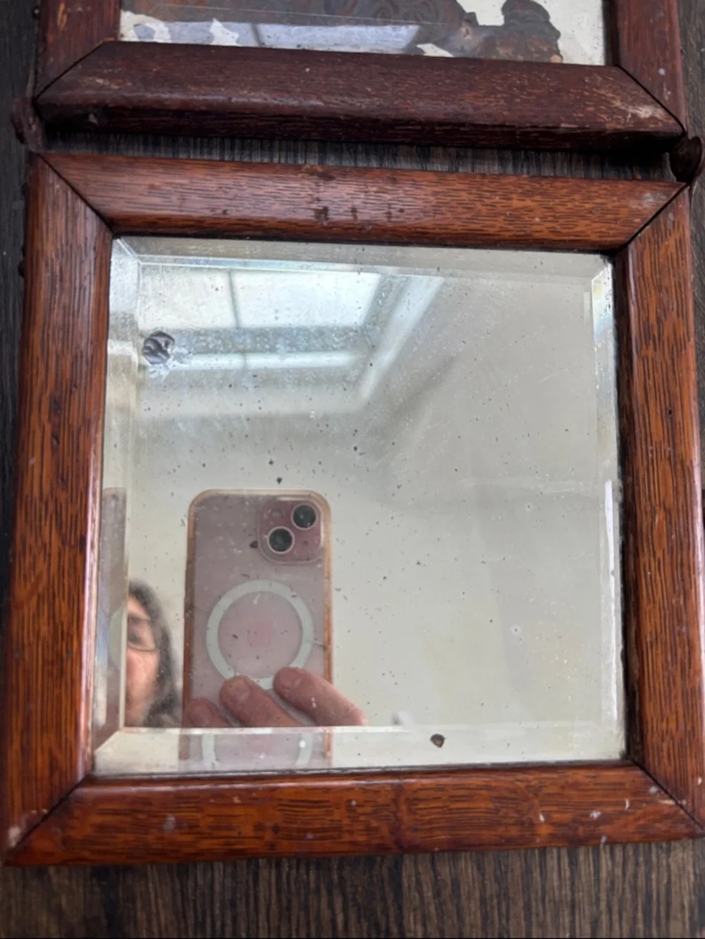 Vintage triple wood framed mirrors, beveled glass,hinges,patina,7.25x7.25” each
